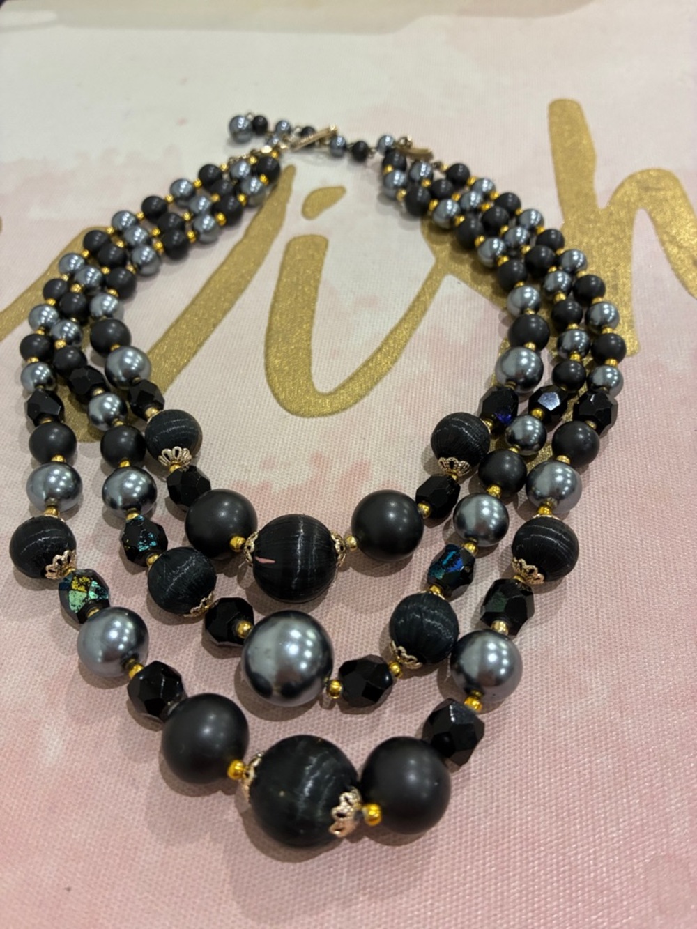 Elegant Black & Gray Multi-Strand Beaded Necklace-Japan Signed